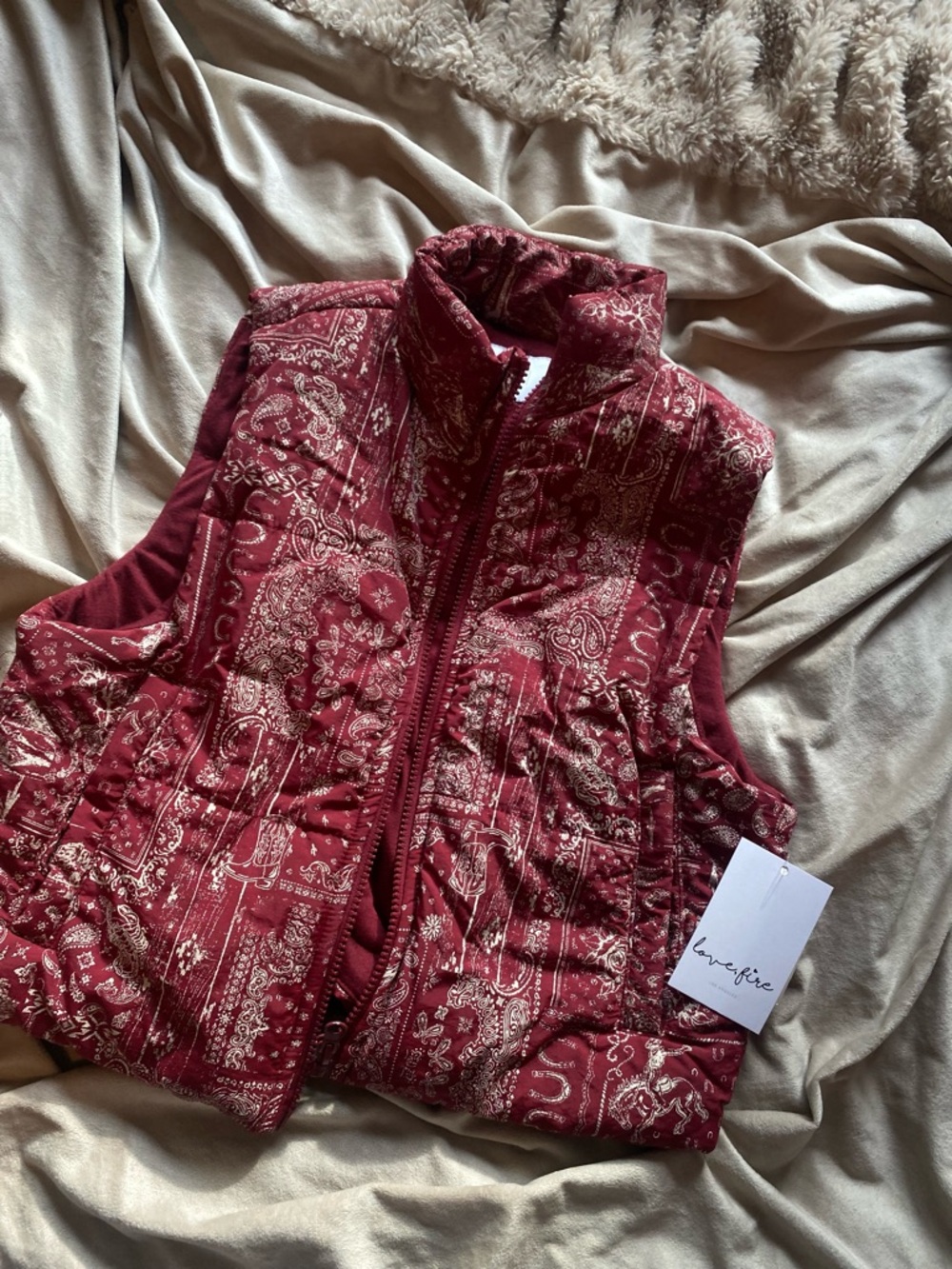 Quilted Bandana Print Puffer Vest - Burgundy
